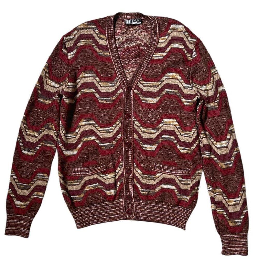 80s vintage Missoni Sport cardigan sweater swirl wavy woven pattern wool blend.